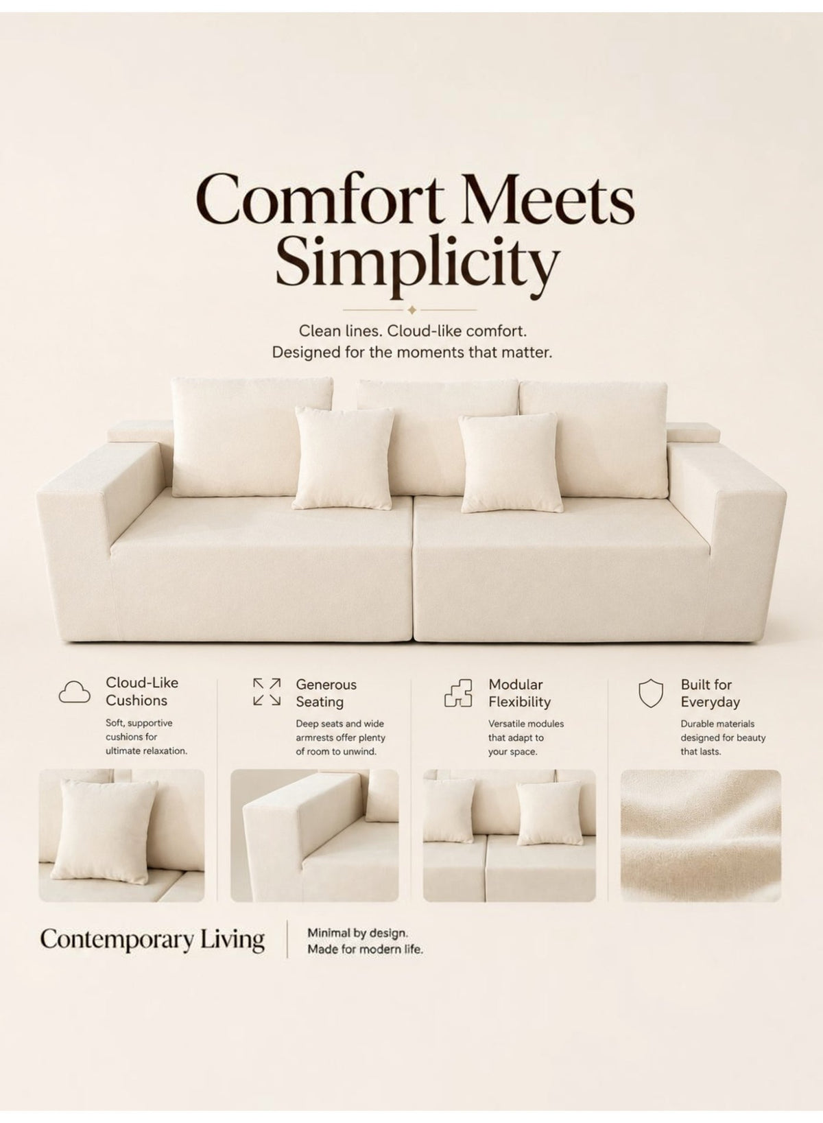 Cloud Sectional Boneless Sofa with Chaise, Beige