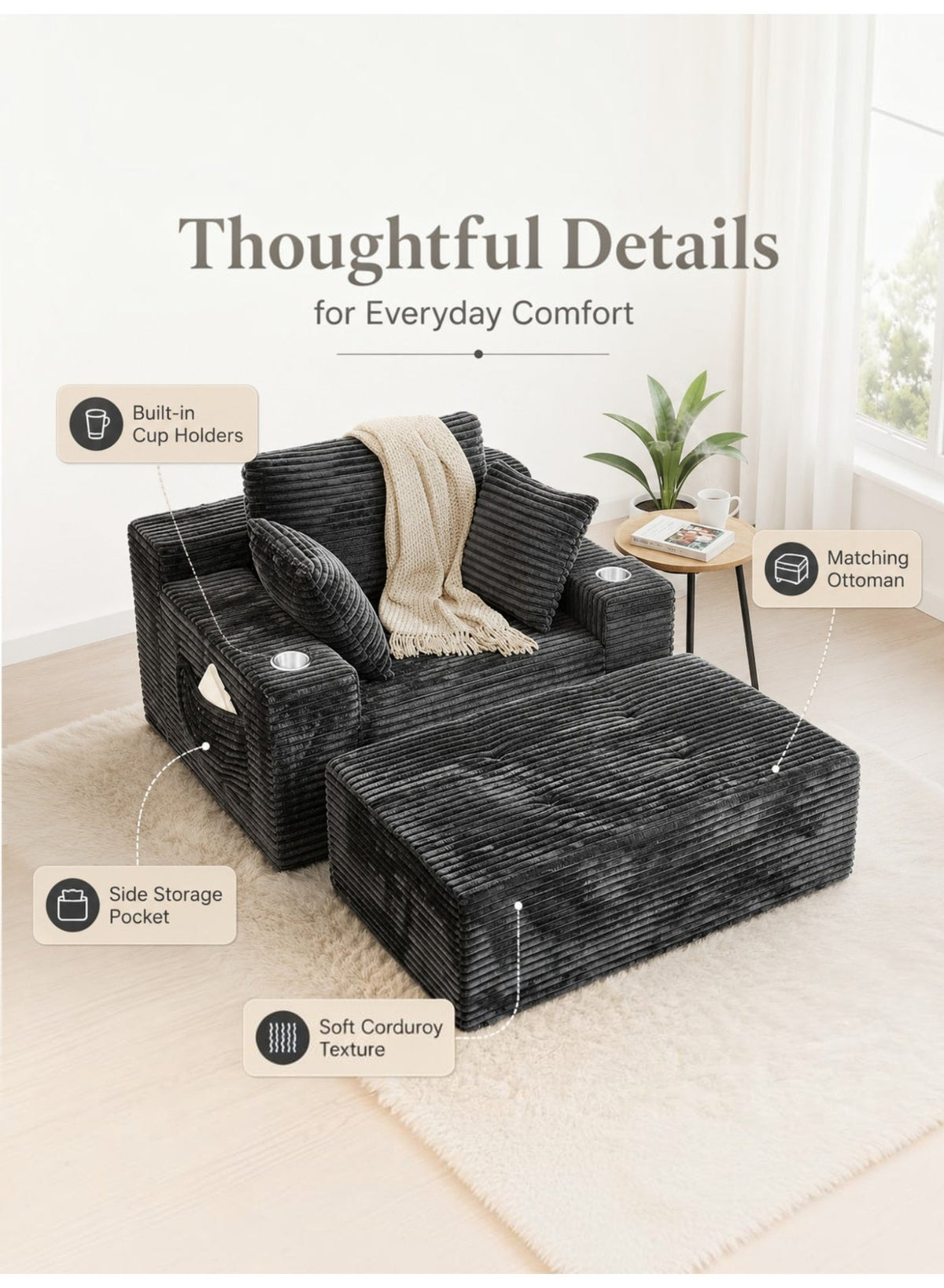 Lounge Sofa Bed, Corduroy, Dark Grey
