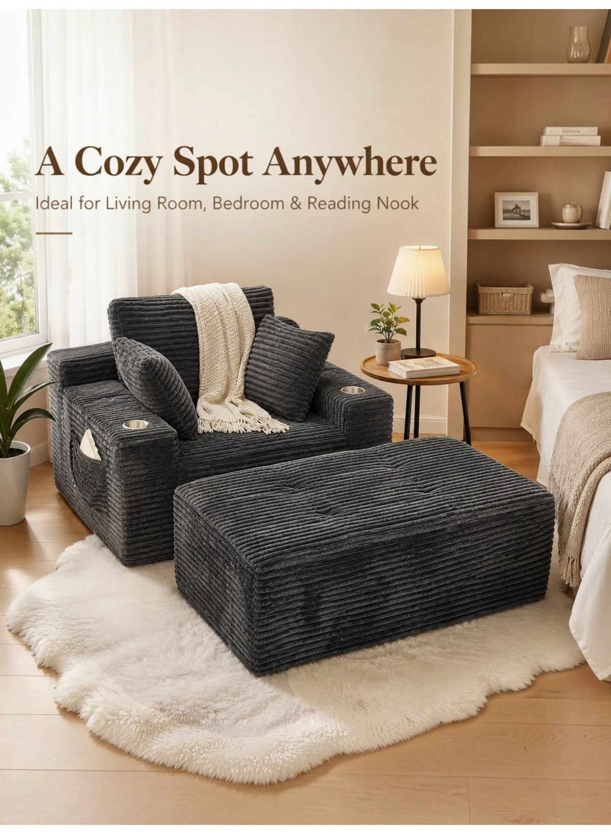 Lounge Sofa Bed, Corduroy, Dark Grey