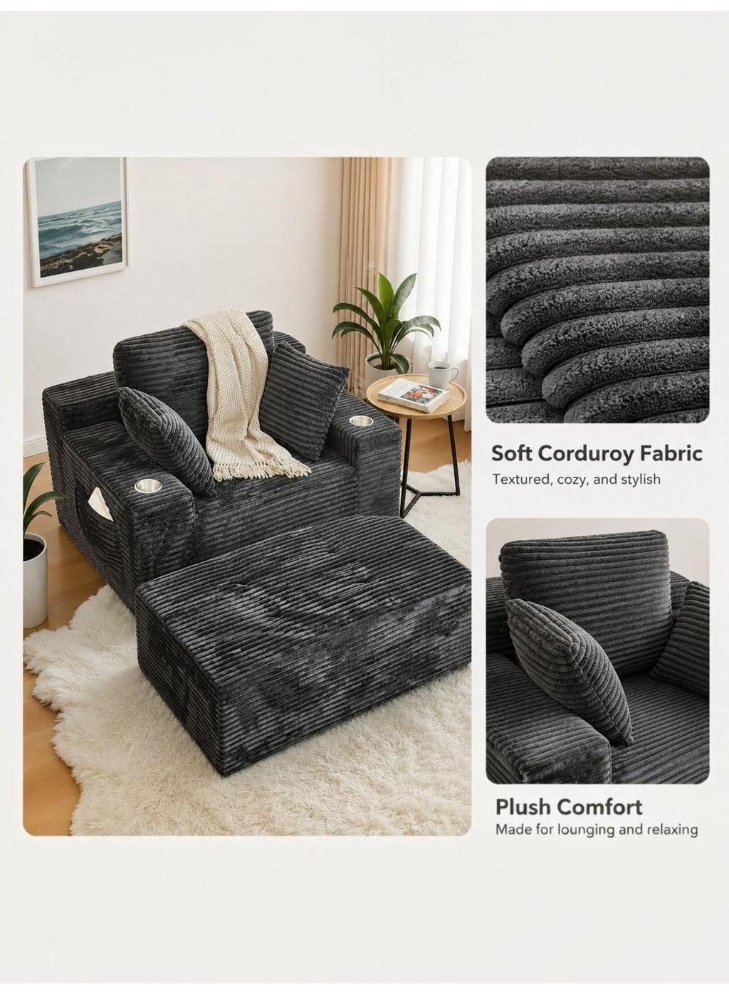 Lounge Sofa Bed, Corduroy, Dark Grey