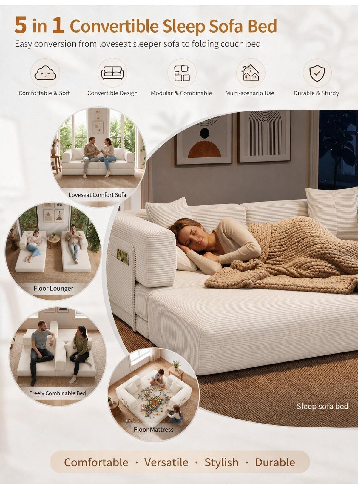 Convertible Floor Sofa Bed – Almond Beige – image 6