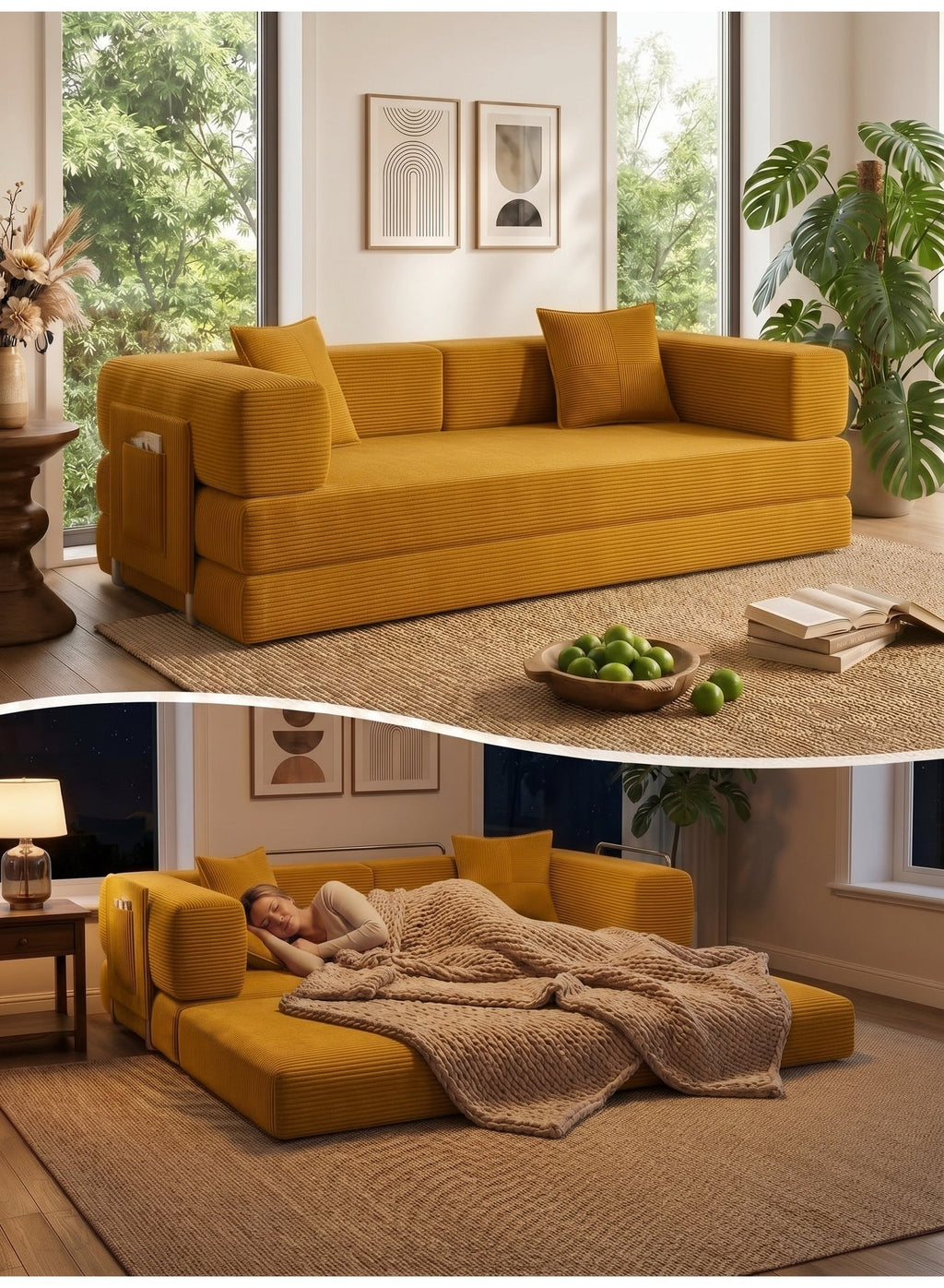 Open Box Convertible Floor Sofa Bed – Mustard Yellow – image 1