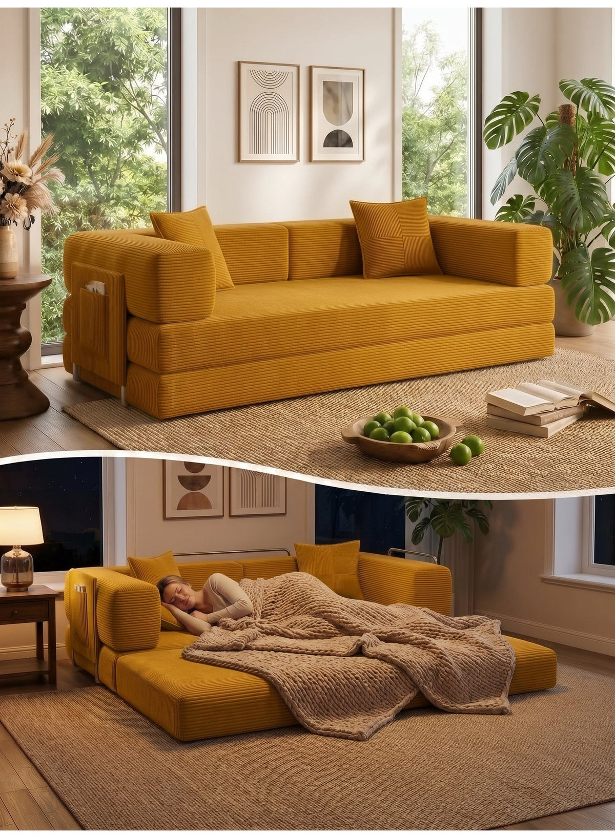 Open Box Convertible Floor Sofa Bed – Mustard Yellow – image 1