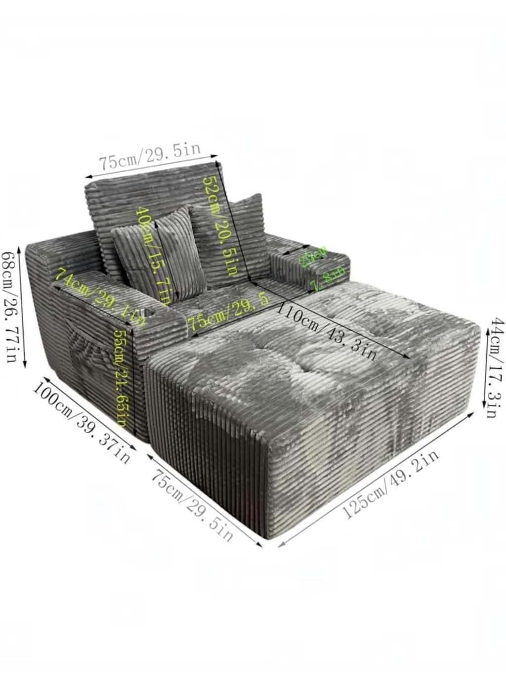 Lounge Sofa Bed, Corduroy, Dark Grey