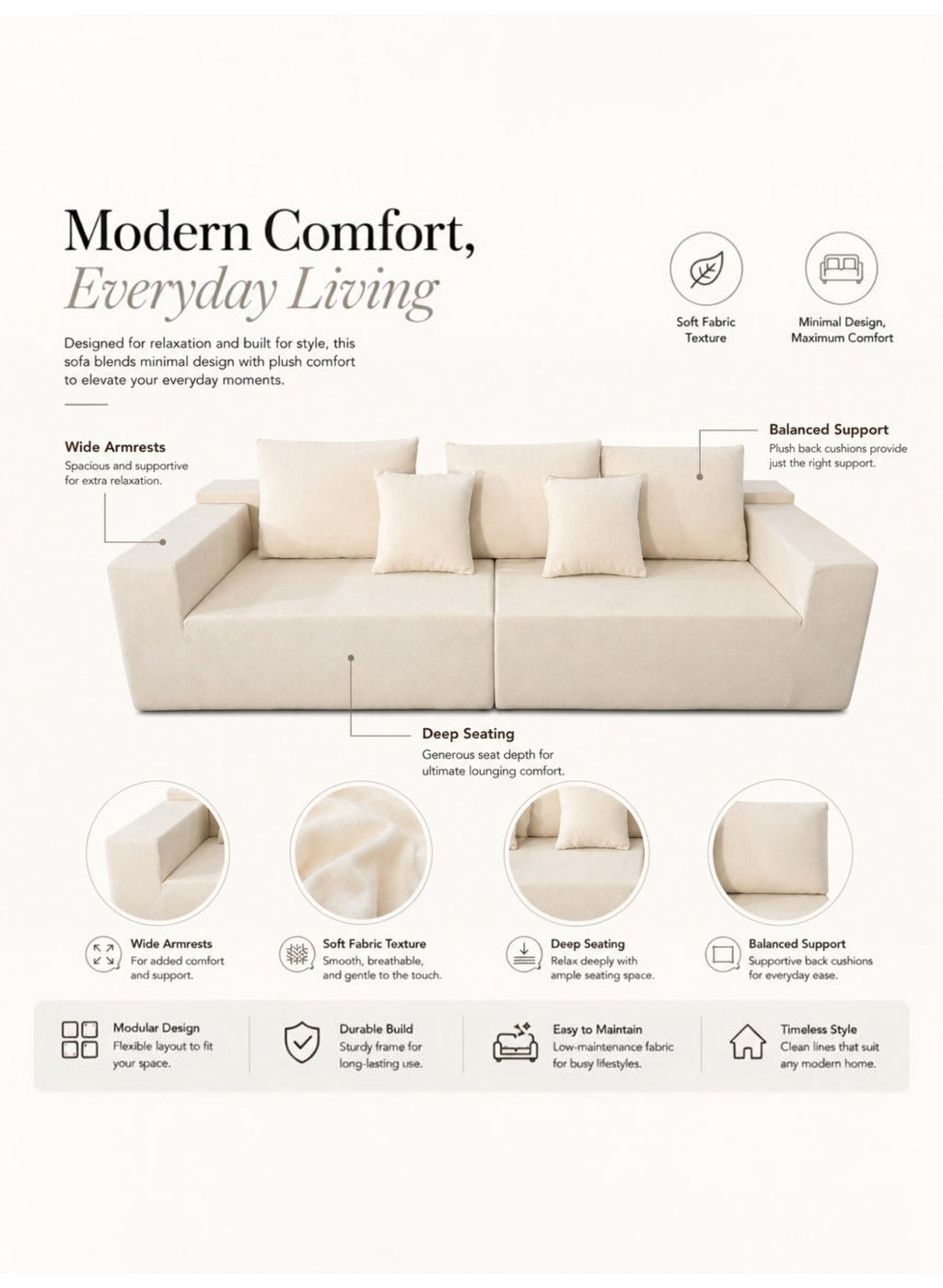 Cloud Sectional Boneless Sofa with Chaise, Beige