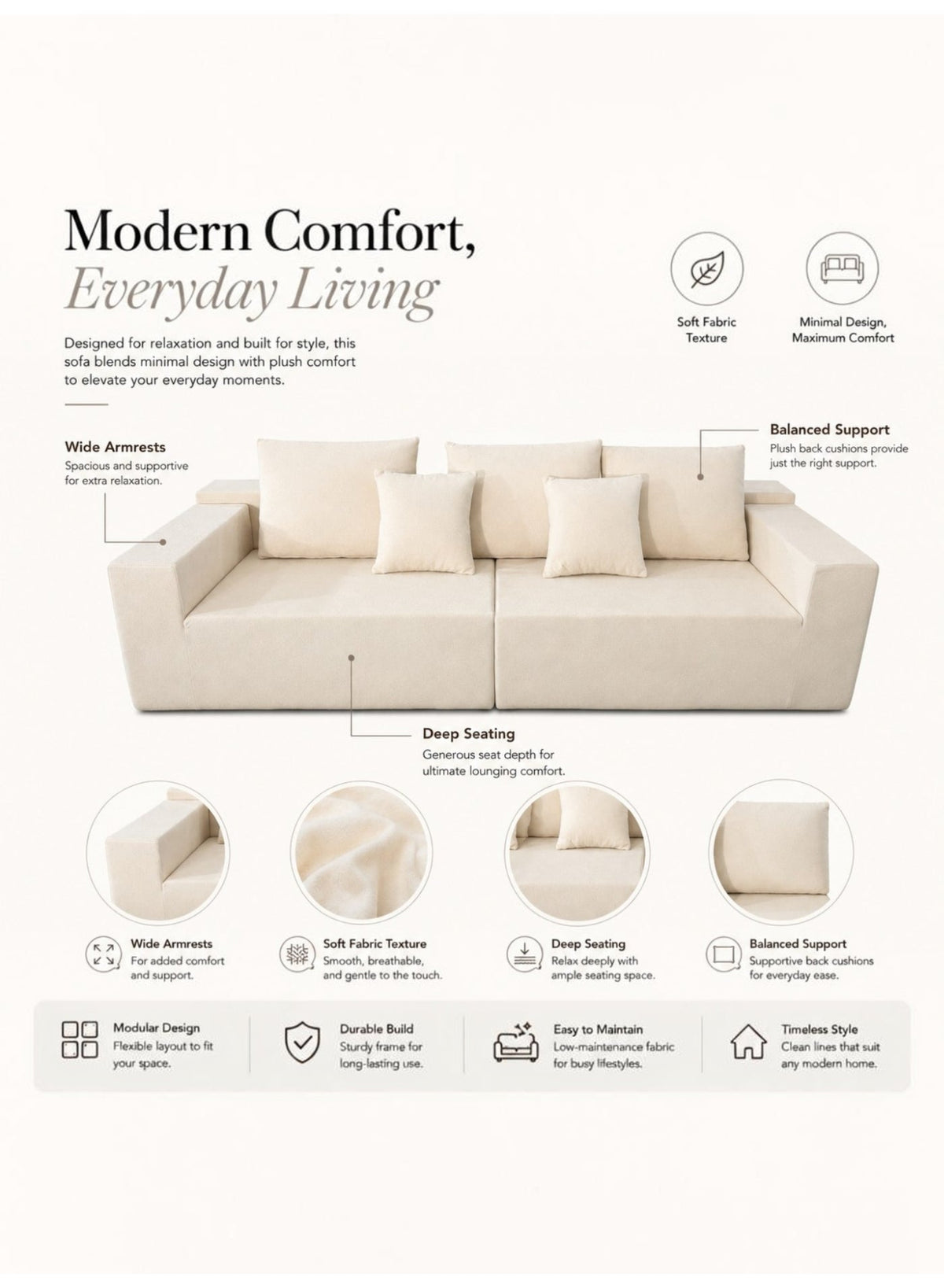 Cloud Sectional Boneless Sofa with Chaise, Beige