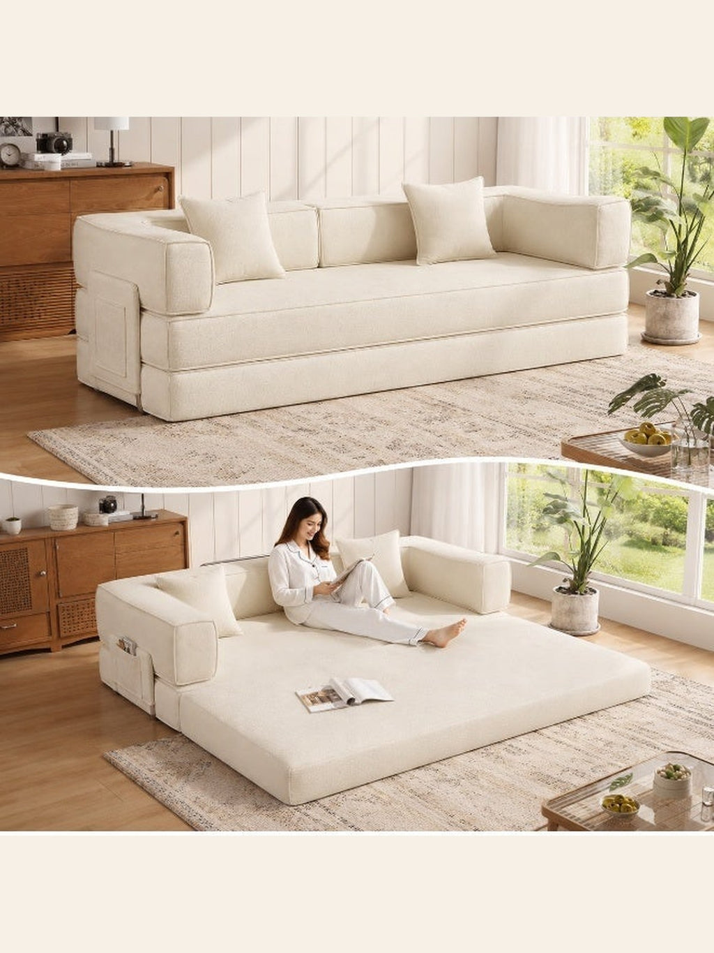 5-in-1 Convertible Sofa Bed – Beige – image 1