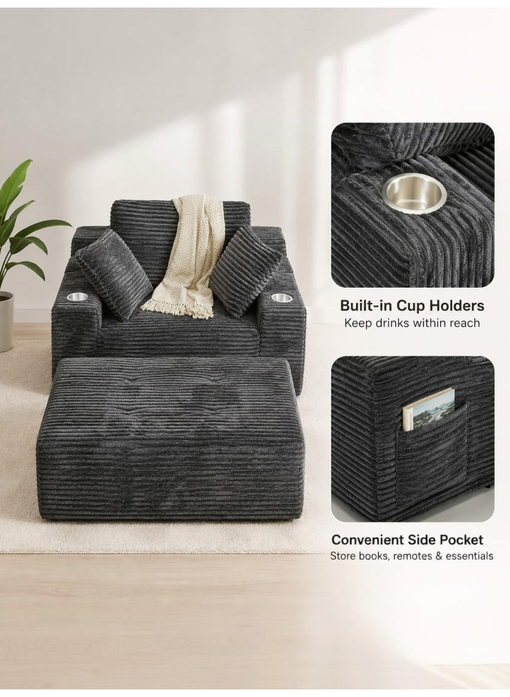 Lounge Sofa Bed, Corduroy, Dark Grey