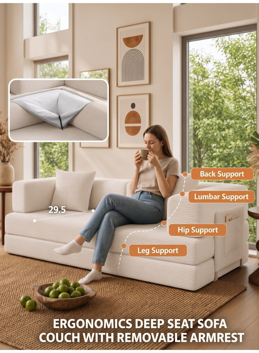 Convertible Floor Sofa Bed – Almond Beige – image 2