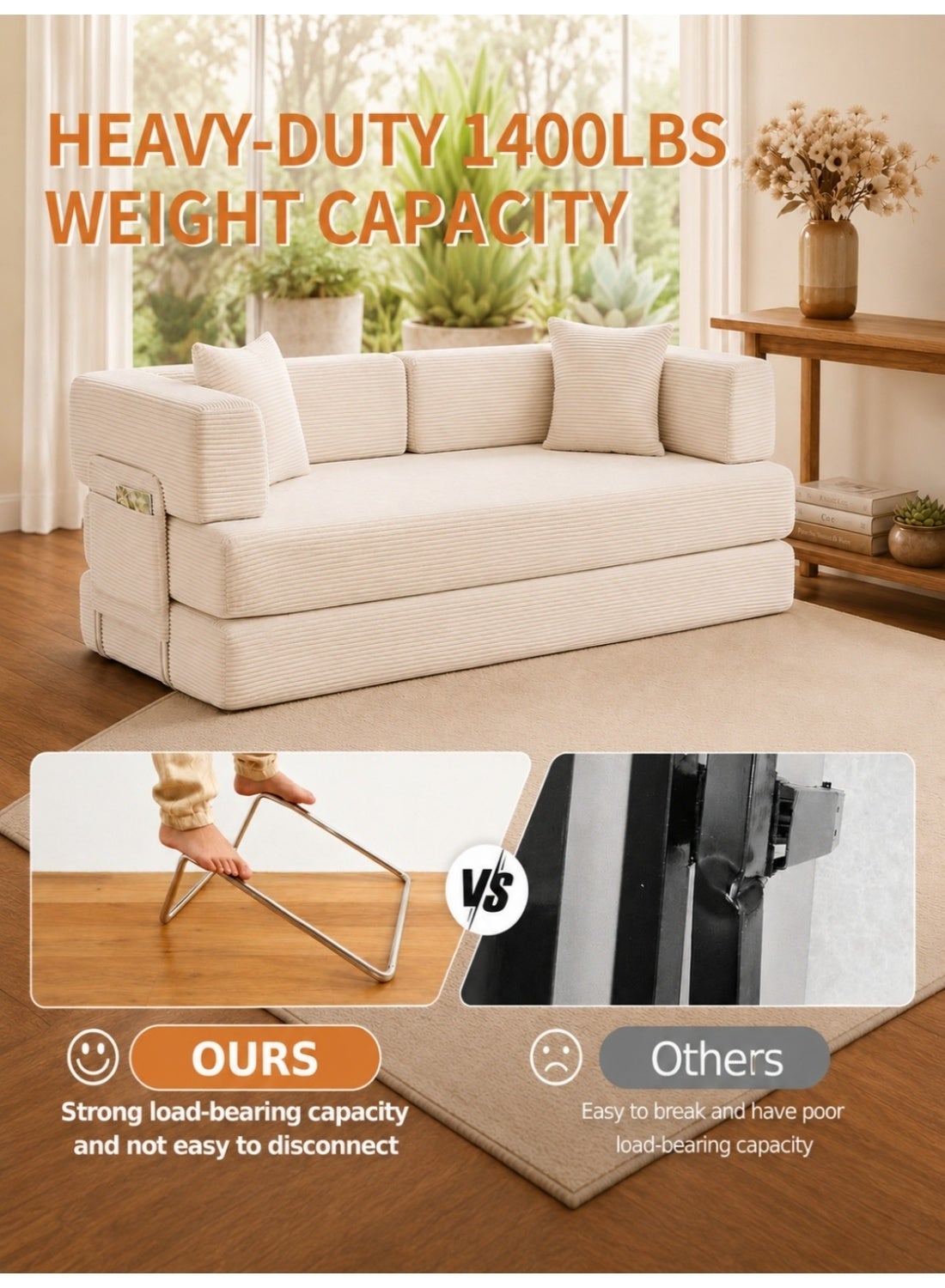 Convertible Floor Sofa Bed – Almond Beige – image 4