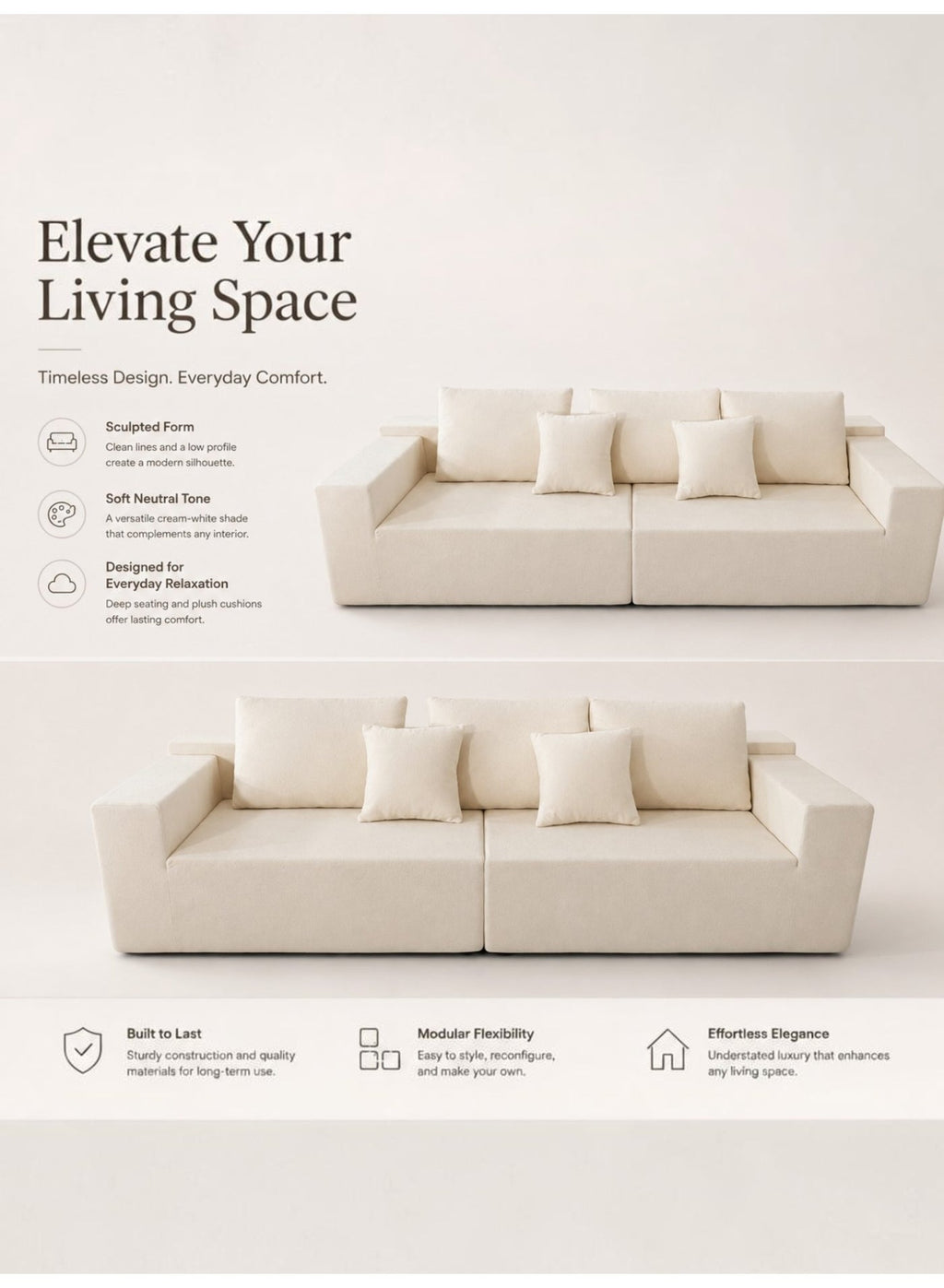 Cloud Sectional Boneless Sofa with Chaise, Beige