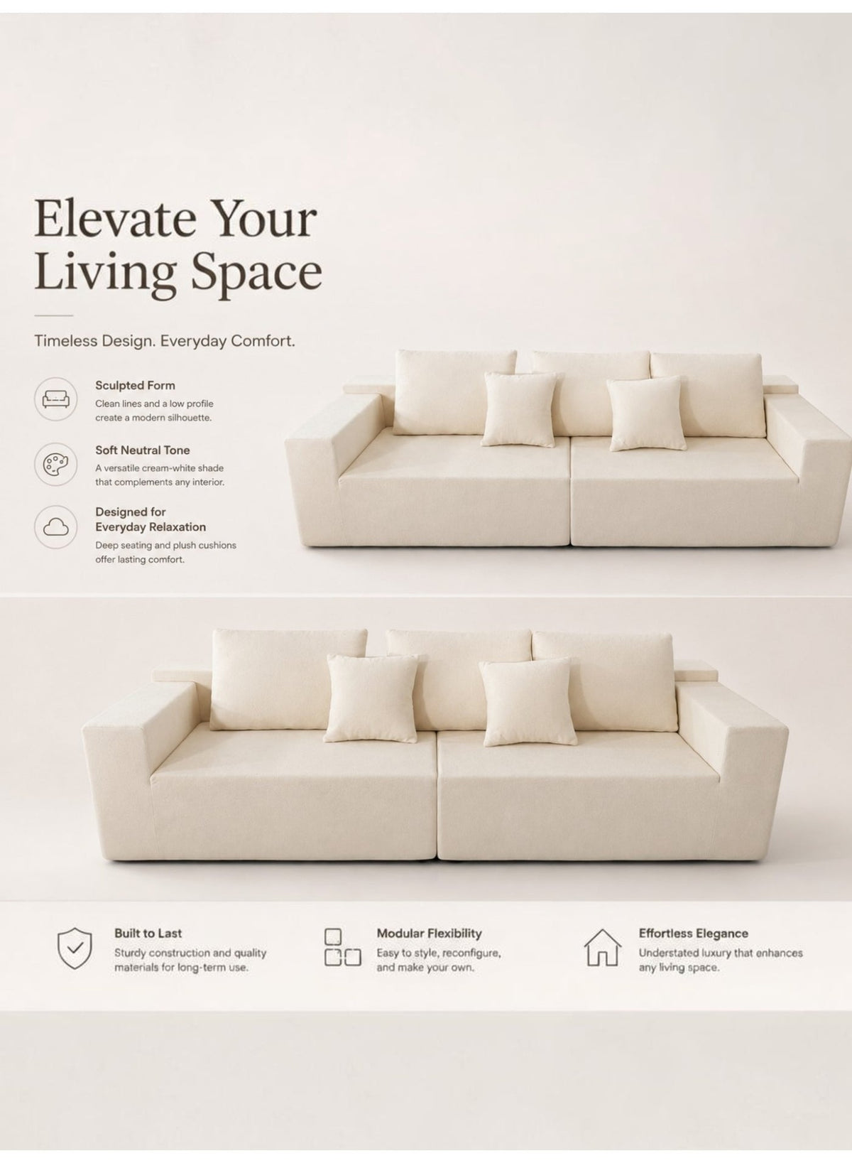 Cloud Sectional Boneless Sofa with Chaise, Beige