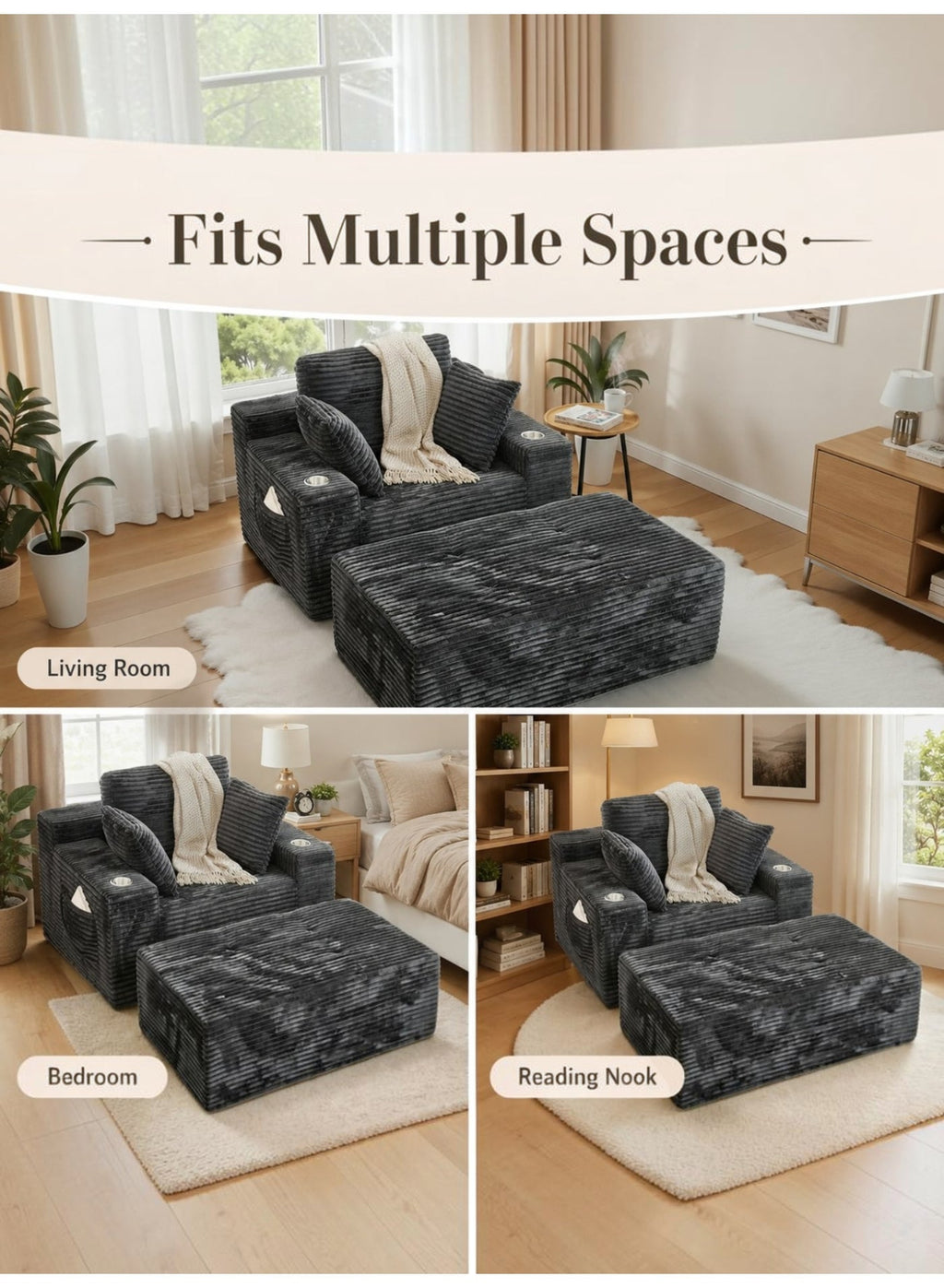 Lounge Sofa Bed, Corduroy, Dark Grey