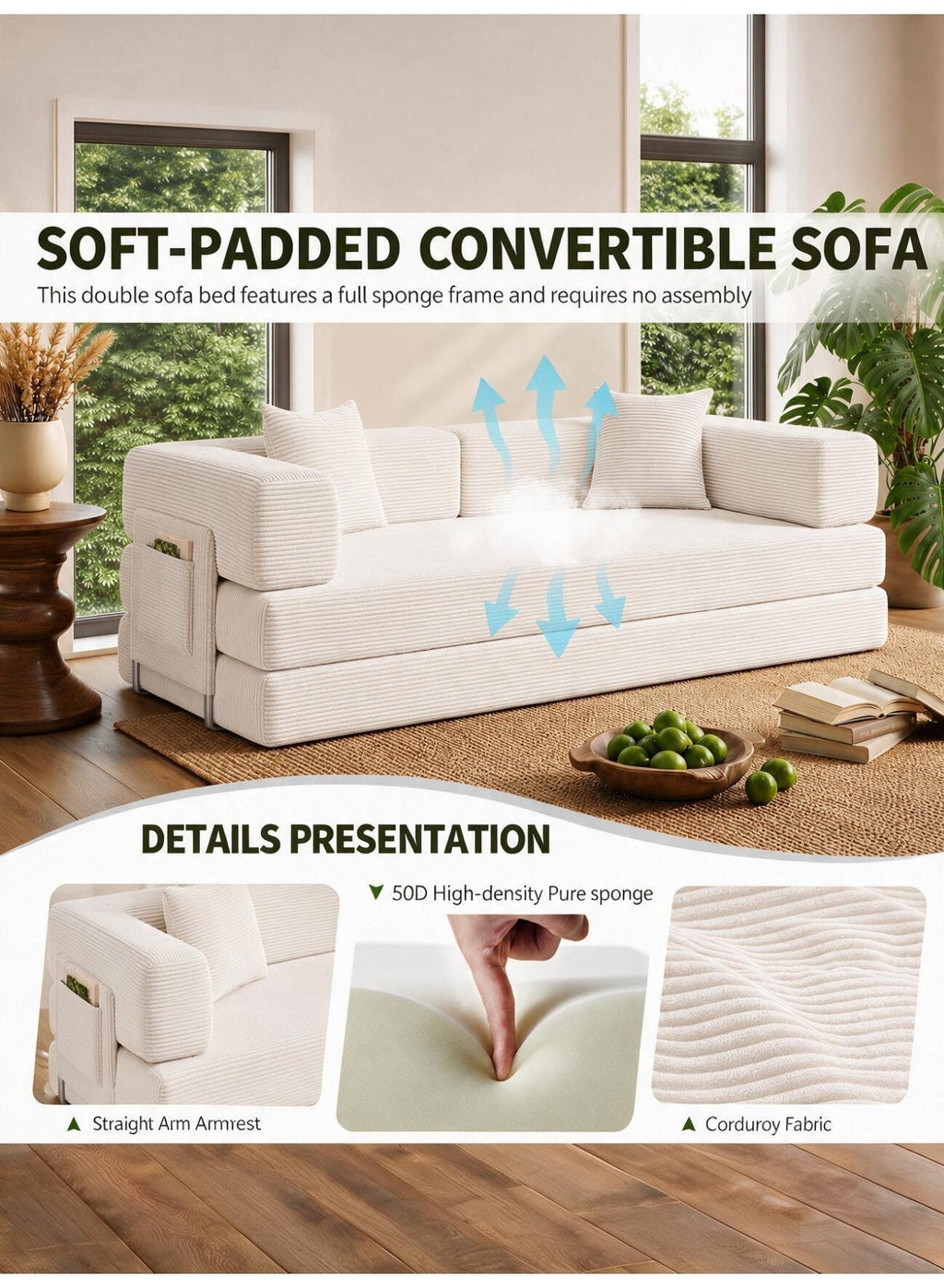 Convertible Floor Sofa Bed – Almond Beige – image 5