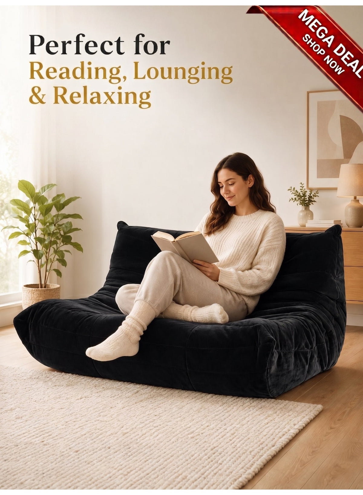 Adult Bean Bag Chair – 2-Seater / Black